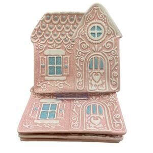 Godinger Pastel Pink Gingerbread House 6in Ceramic Appetizer Plates New